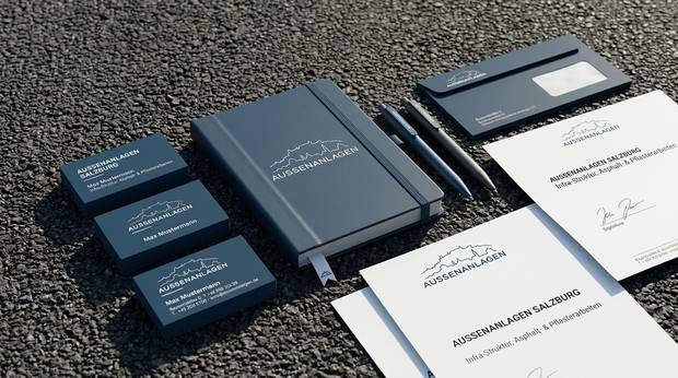 Aussenanlagen Salzburg: Geschäftsausstattung mit Visitenkarten, Notizbuch und Briefpapier